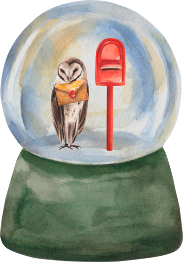 Glass globe vintage watercolor design. Winter wonderland in harry potter theme inside. 
Owl with Hogwarts letter and red postbox