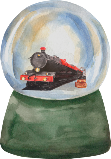 Hogwarts express in glass globe vintage watercolor design. Harry potter theme. Luggage