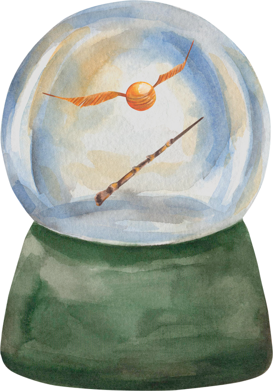 Golden snitch and magic wand in glass globe vintage watercolor design. Harry potter theme